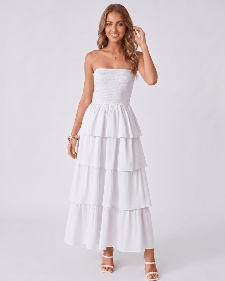 Solenne: Vestido maxi fluido con volantes sin tirantes. Prenda femenina para eventos de día o noche.