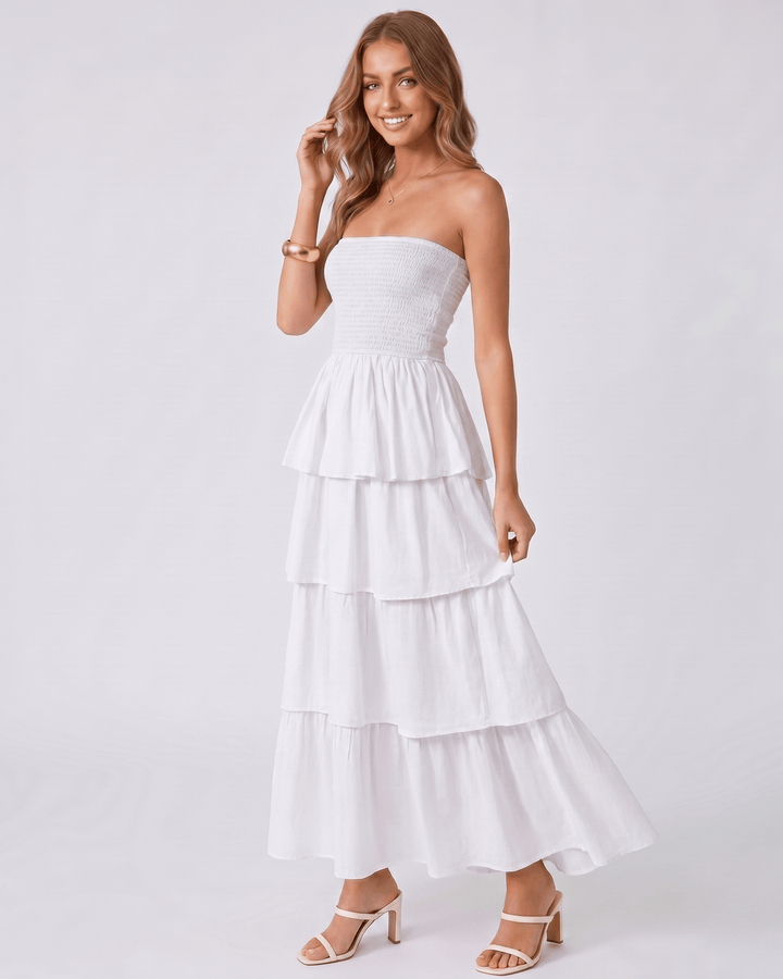 Vestido maxi mujer Solenne sin tirantes, con volantes. Look elegante y fluido para cualquier ocasión especial.