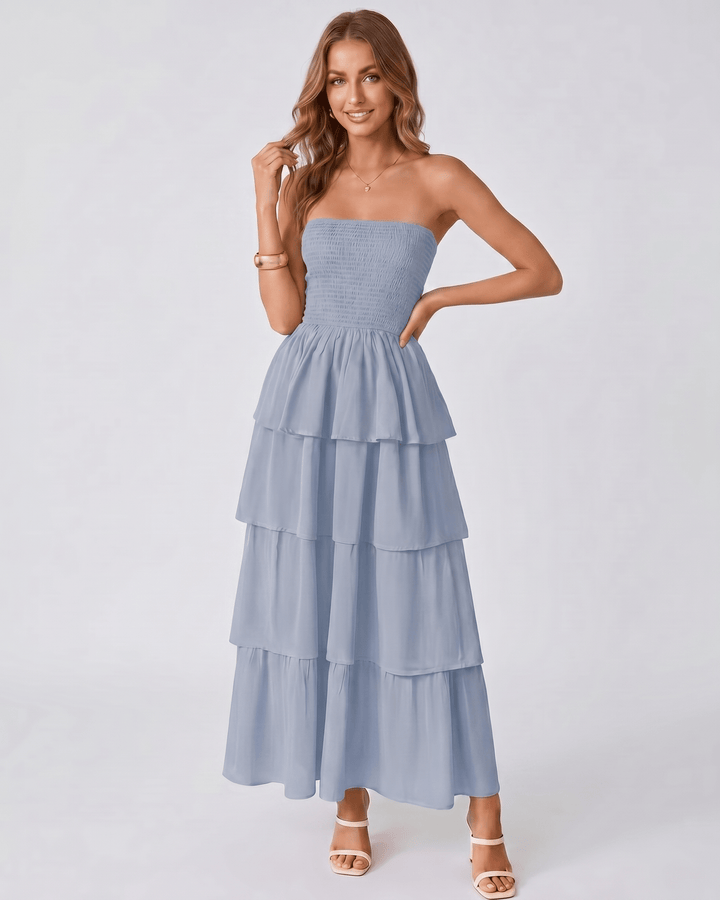 Vestido Solenne mujer, sin tirantes. Maxi, con volantes, perfecto para una ocasión especial y chic.