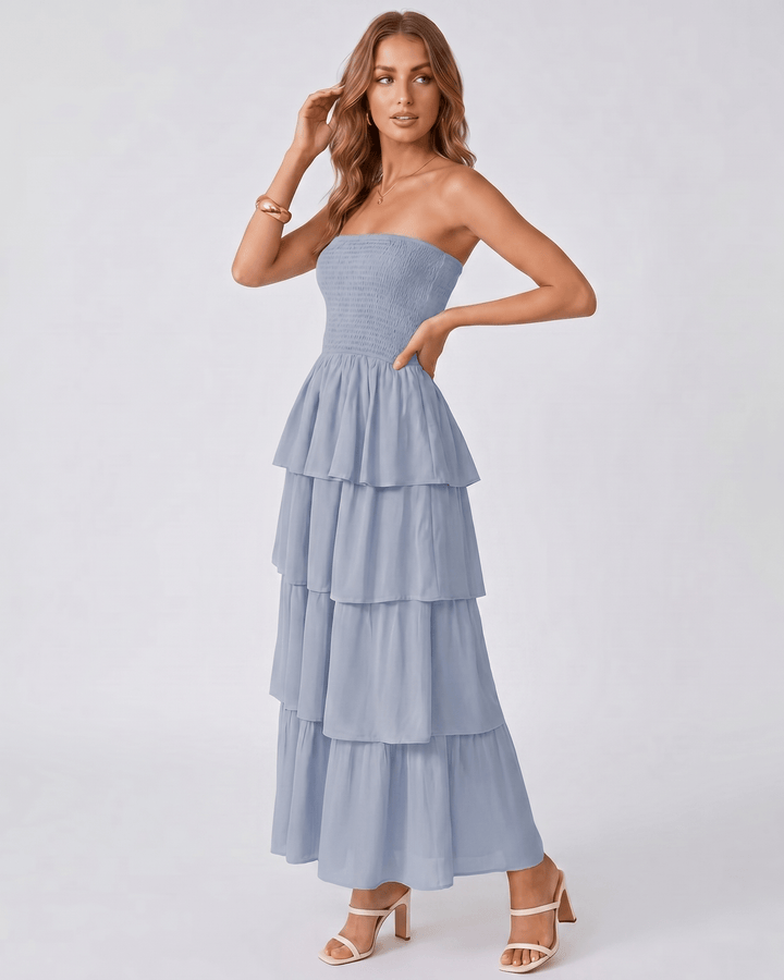 Vestido maxi Solenne con volantes, estilo sin tirantes. Ropa de fiesta de verano, muy cómodo y bello.