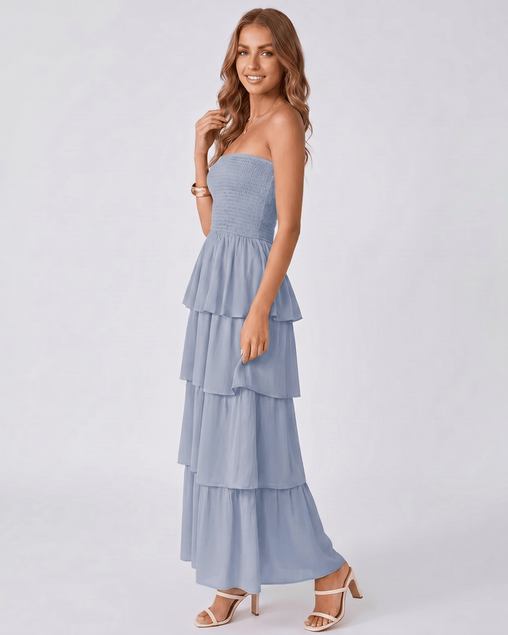Vestido maxi de mujer Solenne sin tirantes, con volantes. Estilo veraniego y elegante para cócteles.