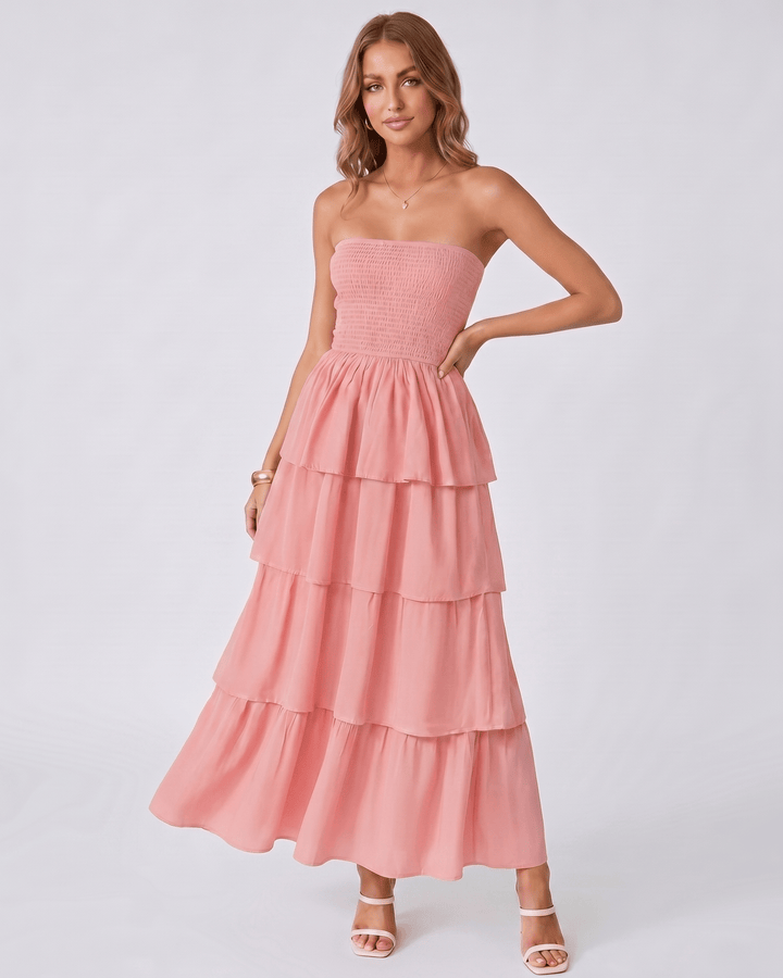 Vestido Solenne maxi sin tirantes, con volantes elegantes. Ideal para eventos de gala, cóctel y boda.