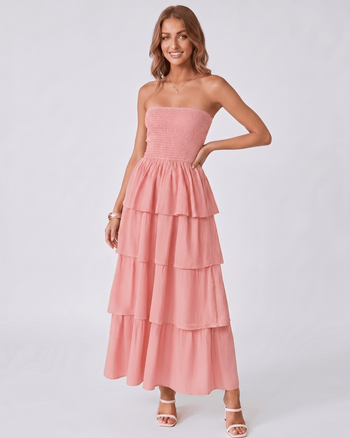 Vestido Solenne de mujer, sin tirantes. Maxi con volantes, para una apariencia sofisticada y fluida.