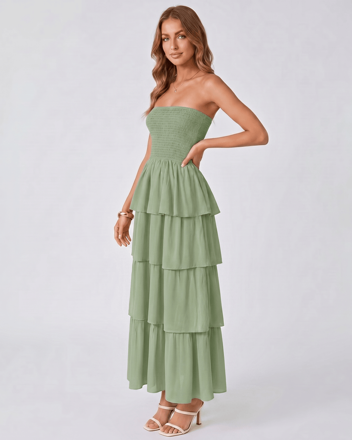 Vestido Solenne mujer, sin tirantes. Maxi con volantes, para un outfit de cóctel y ocasión especial.