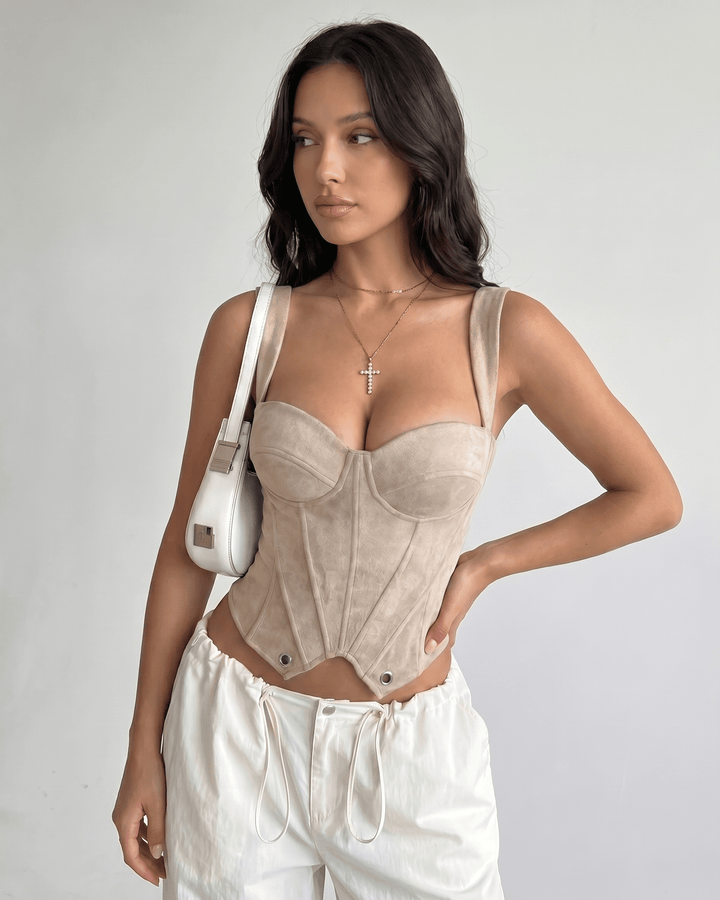 Top corset estructurado y adaptable para mujer, moda moderna y sofisticada.
