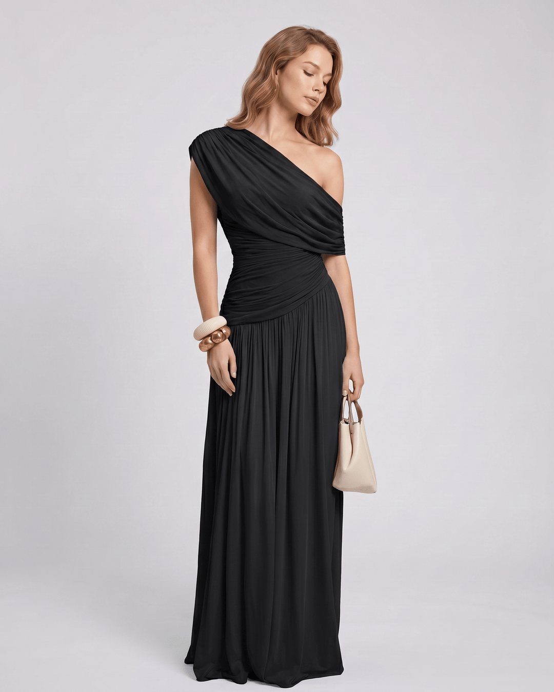 Vestido de noche asimétrico, corte maxi, estilo minimalista, para mujer sofisticada.