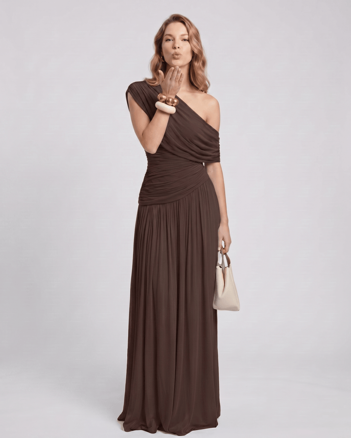 Maxi vestido asimétrico fruncido, para noche elegante, estilo sin mangas para mujer.