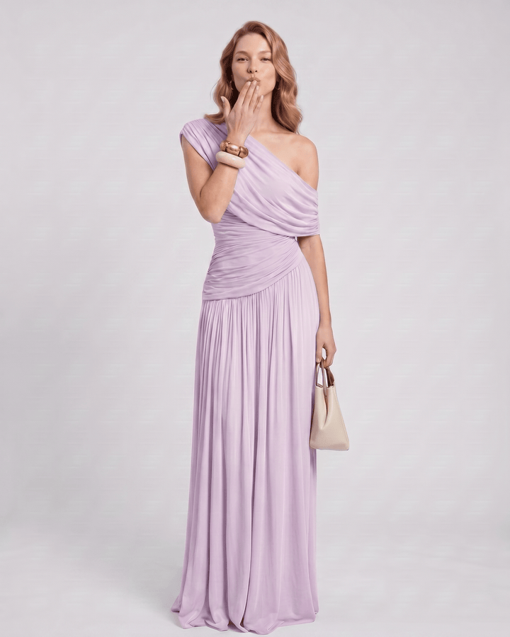Vestido maxi asimétrico elegante, ideal para noche fruncida, ropa de mujer.