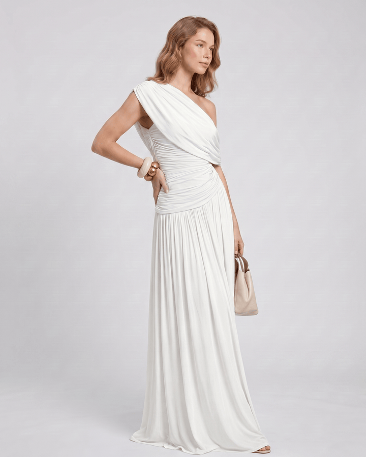 Ropa de mujer: Vestido maxi asimétrico fruncido, perfecto para noches elegantes.