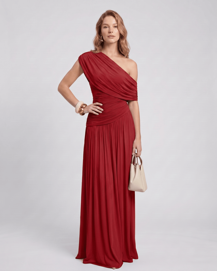 Elegante vestido de noche, diseño asimétrico y fruncido, corte maxi sin mangas.
