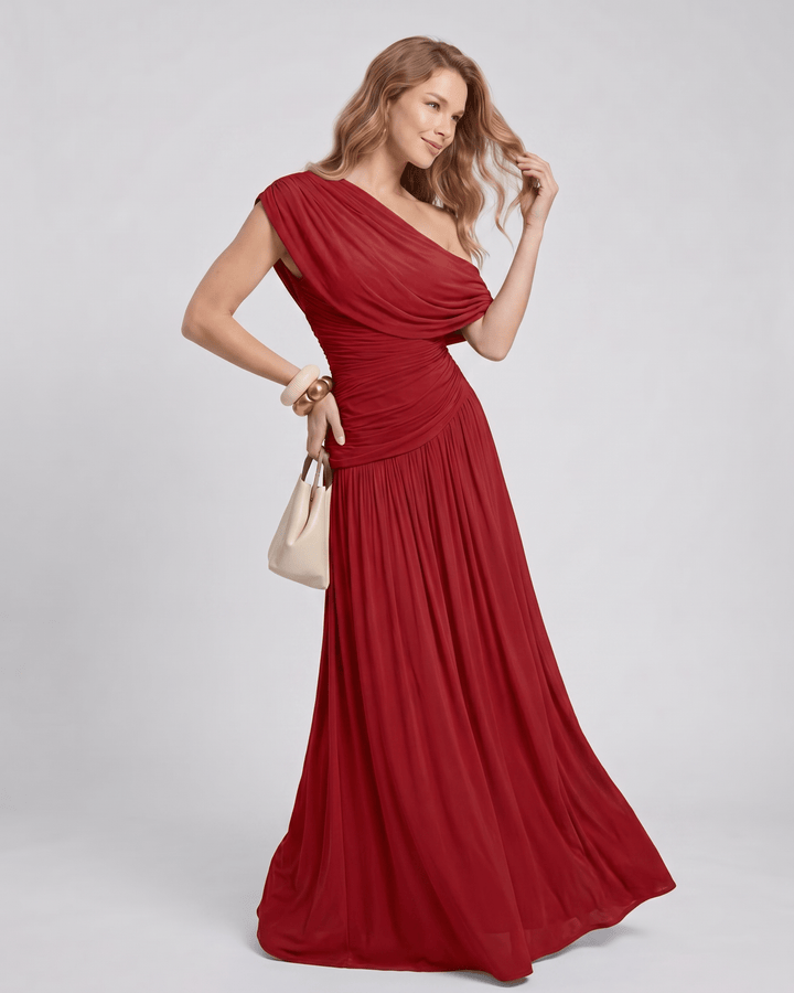 Vestido maxi asimétrico para mujer, ideal para noche, estilo elegante y fruncido.