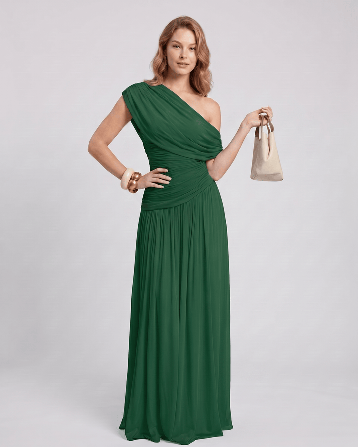Vestido para boda asimétrico y fruncido, estilo maxi sin mangas, muy elegante.