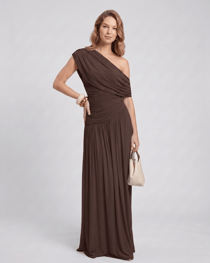 Vestido maxi asimétrico con fruncido, elegante para fiesta, estilo sin mangas.