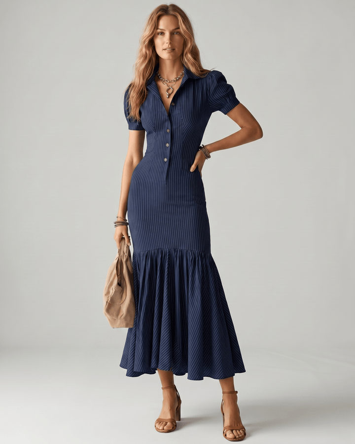 Elegante vestido maxi de rayas verticales para mujer, perfecto para la oficina o noche.