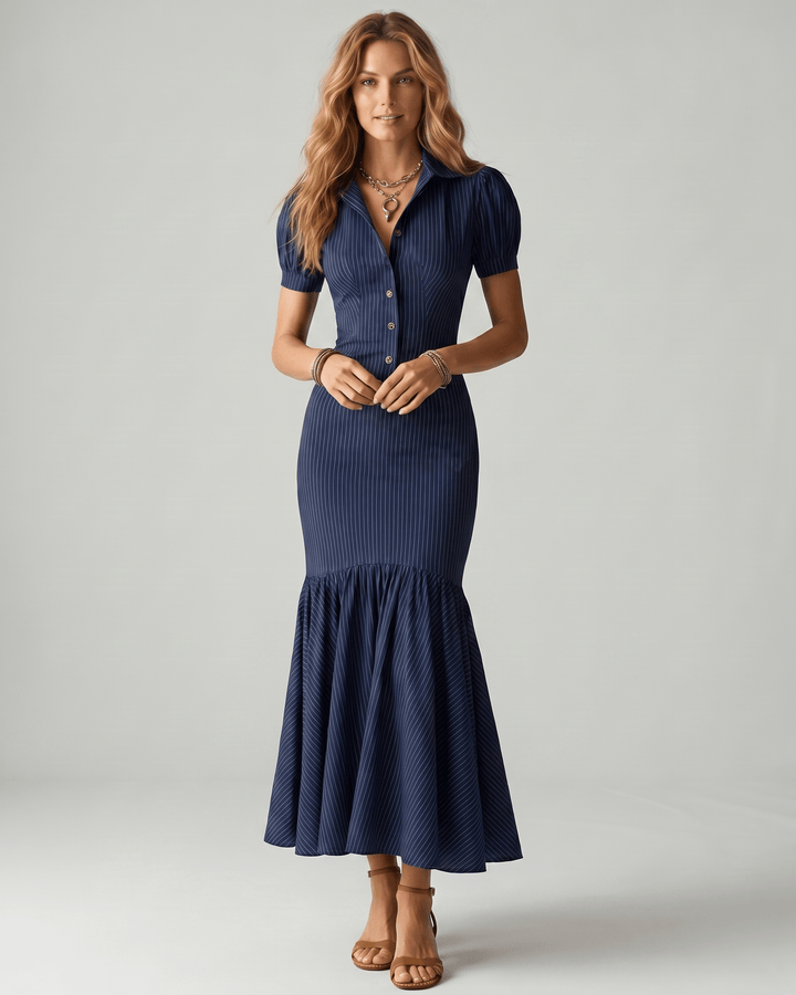 Moda femenina: vestido maxi a rayas verticales, versátil para día a noche, elegancia.