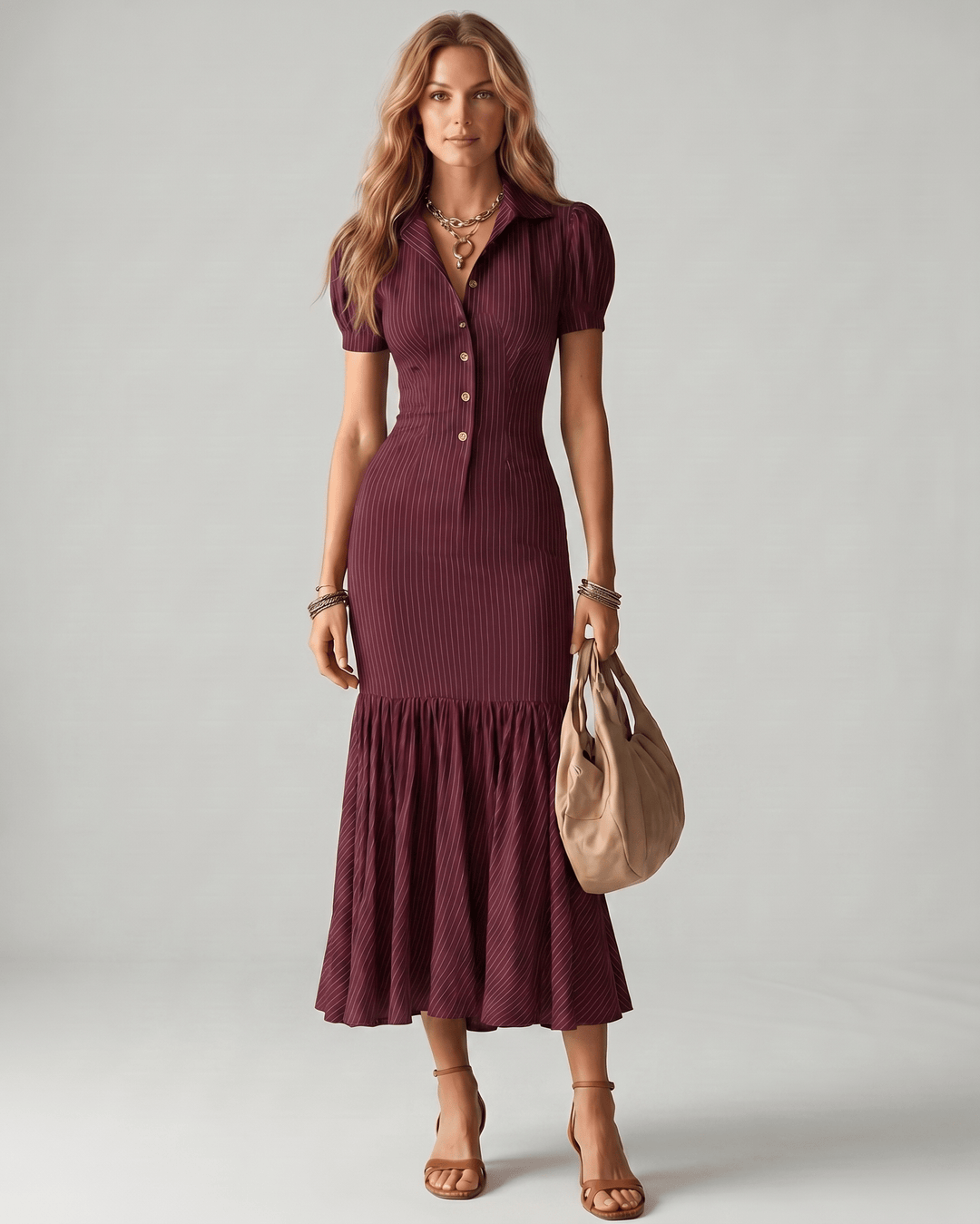 Vestido maxi de verano con estampado de rayas verticales, escote en V para mujer.