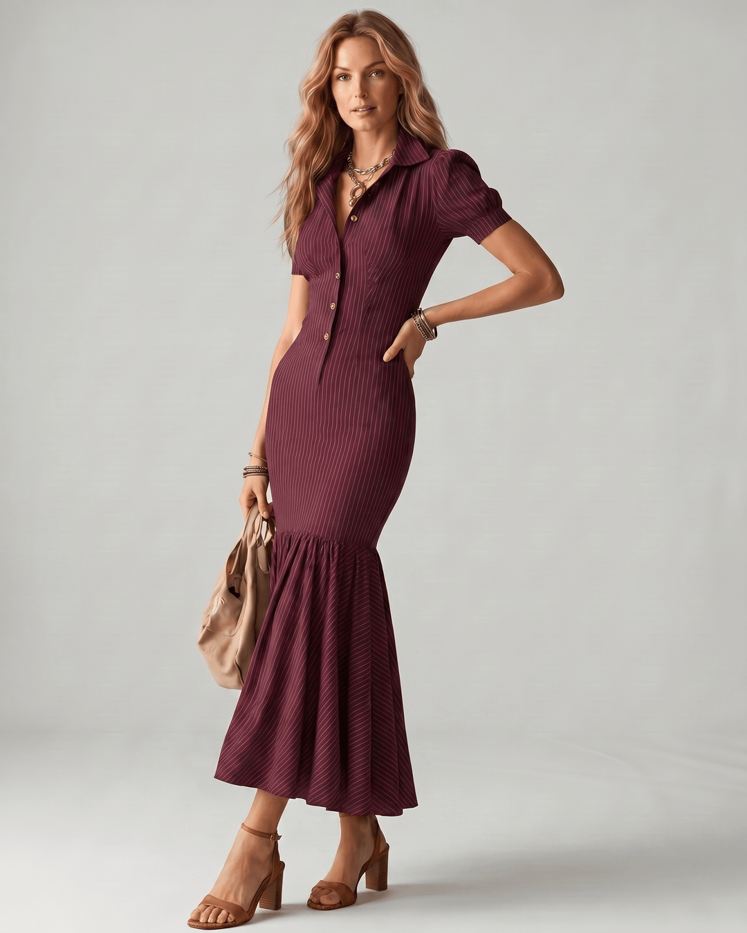 Moda casual de mujer: vestido maxi con rayas verticales, ideal para el día a día.