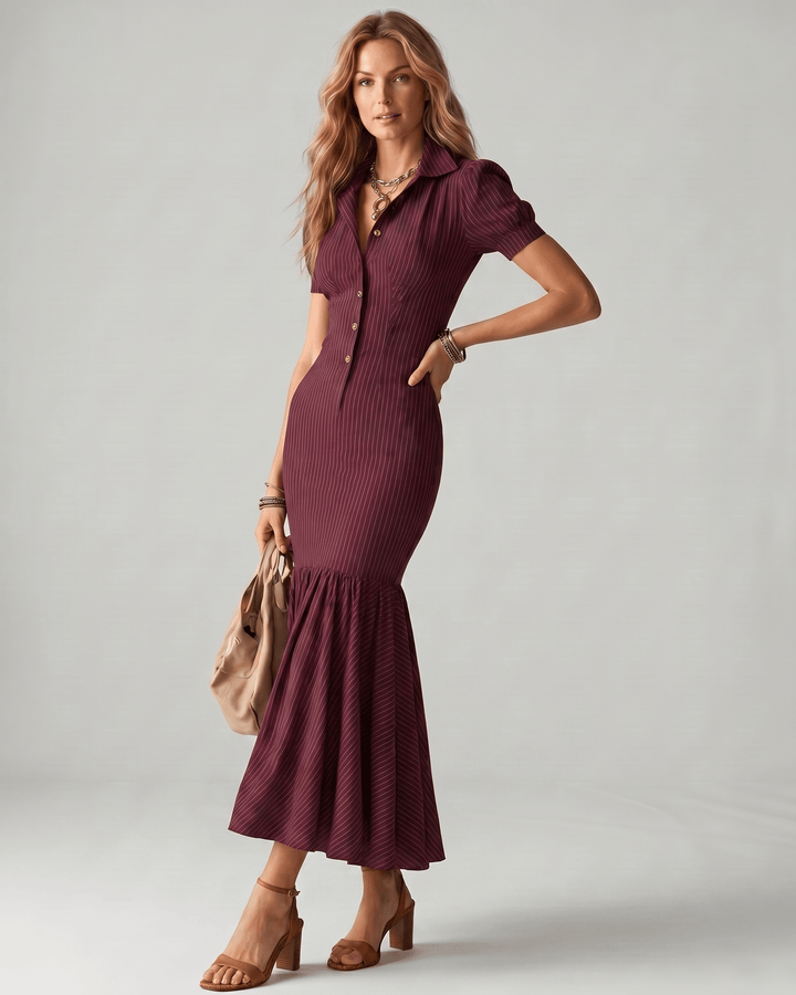 Moda casual de mujer: vestido maxi con rayas verticales, ideal para el día a día.