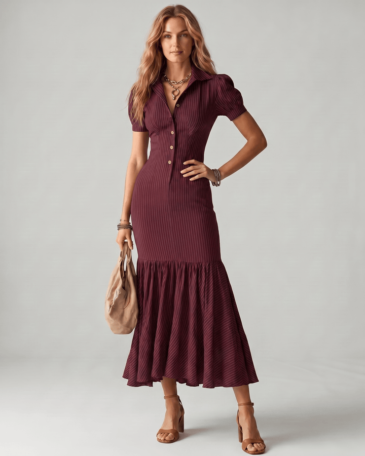 Vestido de mujer estilo oficina con rayas verticales, corte maxi y mangas abullonadas.