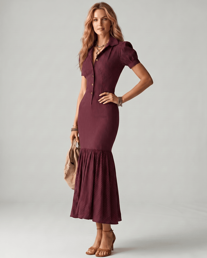 Vestido de mujer versátil: rayas verticales, maxi, mangas abullonadas, elegancia.