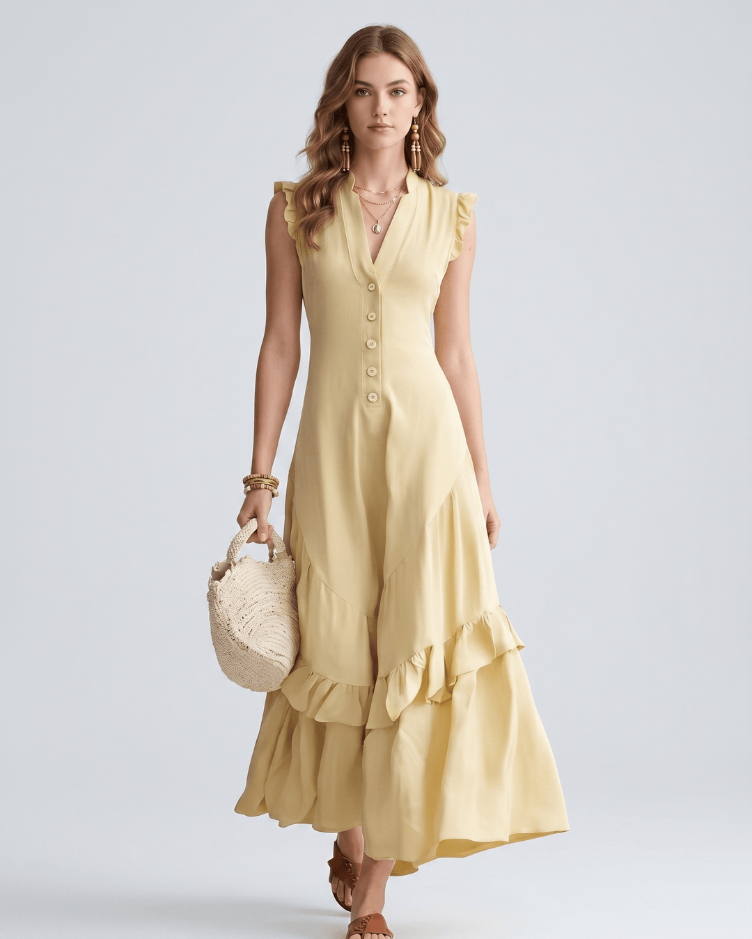 Vestido de volantes fluido, maxi y con escote en V. Vestido de mujer para fiesta o día a día.
