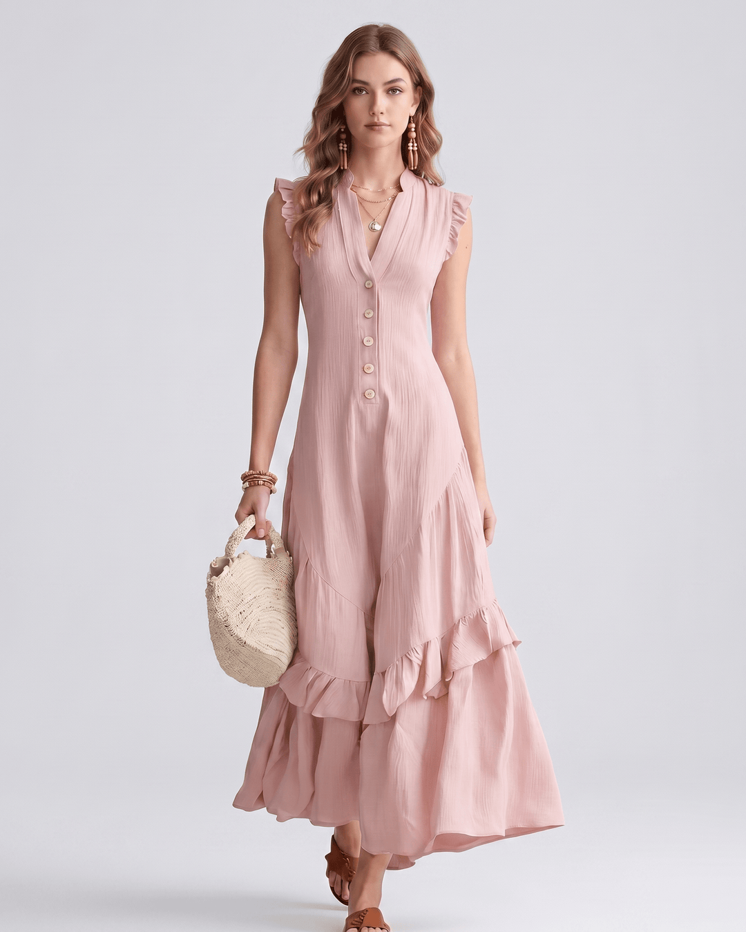 Ropa de fiesta: vestido maxi con escote en V, volantes fluidos. Elegante para mujeres.