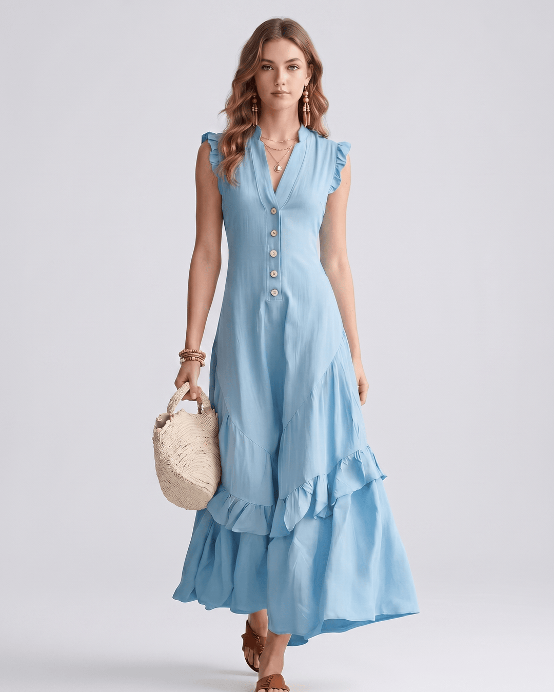 Vestido maxi de mujer elegante con escote en V y volantes fluidos. Ideal para verano y fiestas.