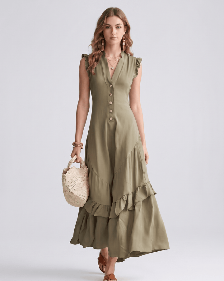 Vestido de fiesta con escote en V, volantes fluidos. Vestido maxi para mujer, sin mangas.