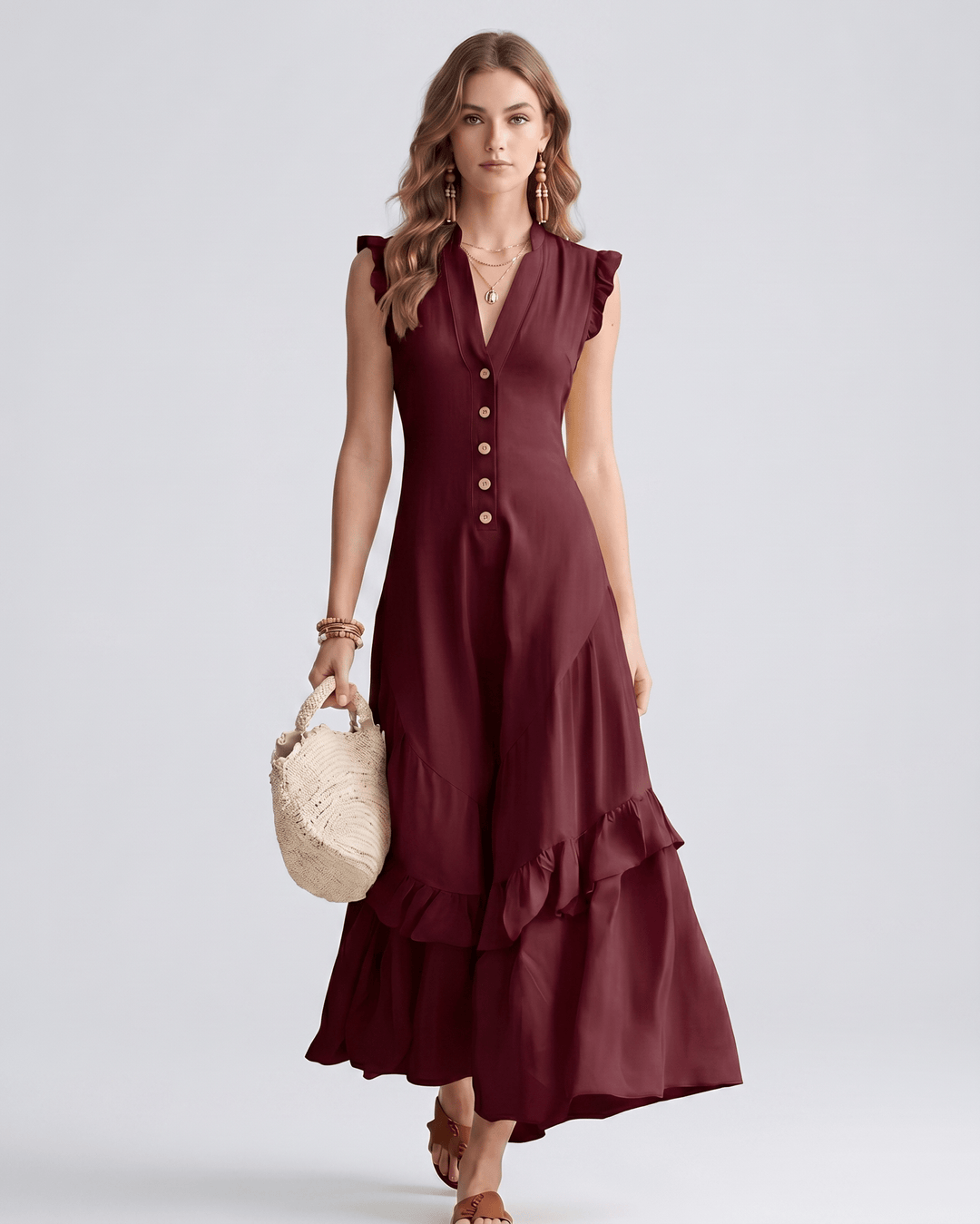 Vestido largo de mujer con volantes fluidos y escote en V. Vestido maxi para moda de verano.