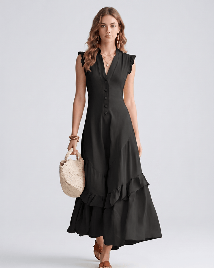 Vestido maxi elegante de mujer con escote en V y volantes fluidos. Ideal para ocasiones especiales.