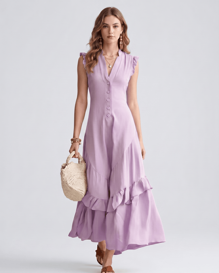 Vestido de mujer con volantes, escote en V. Vestido largo para estilo de día, moda de verano.