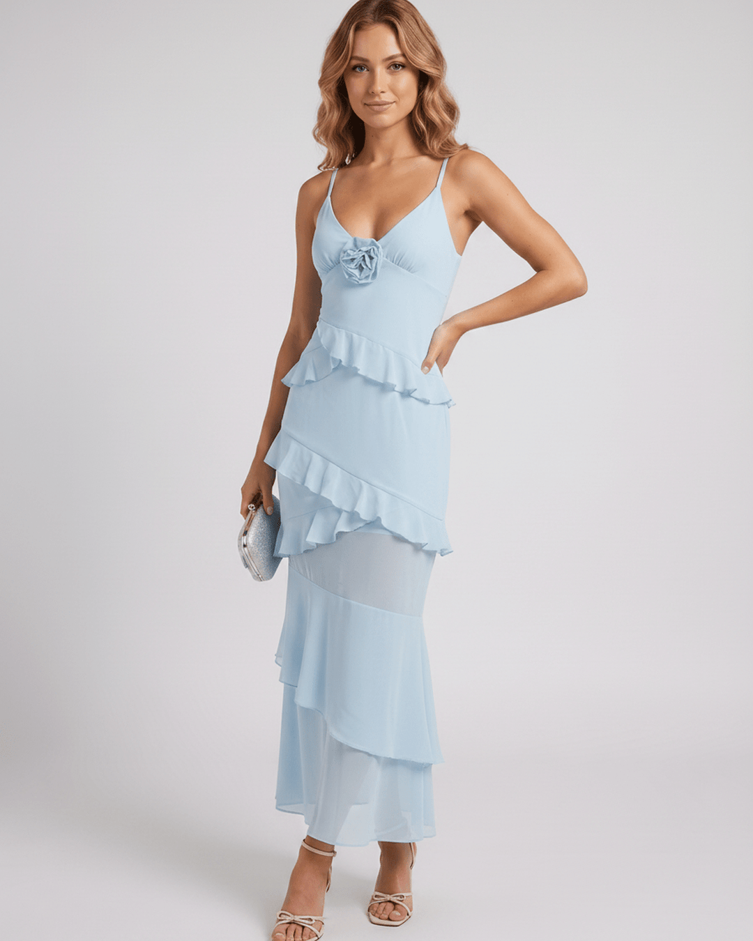Vestido de fiesta Rosavelle azul, tirantes finos, cuello V, apliques florales. Vestido de noche.