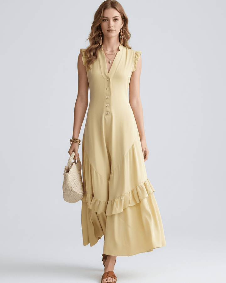 Vestido de mujer elegante con volantes fluidos y escote en V. Vestido largo de verano.