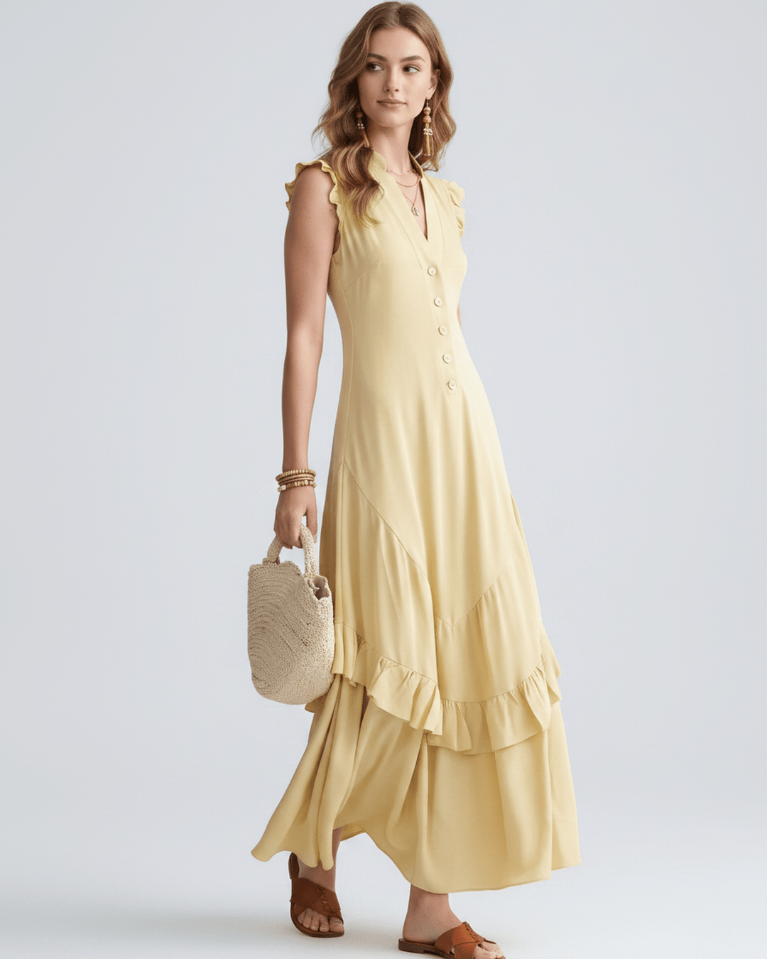 Vestido de fiesta sin mangas, maxi con escote en V y volantes. Elegante para mujeres.