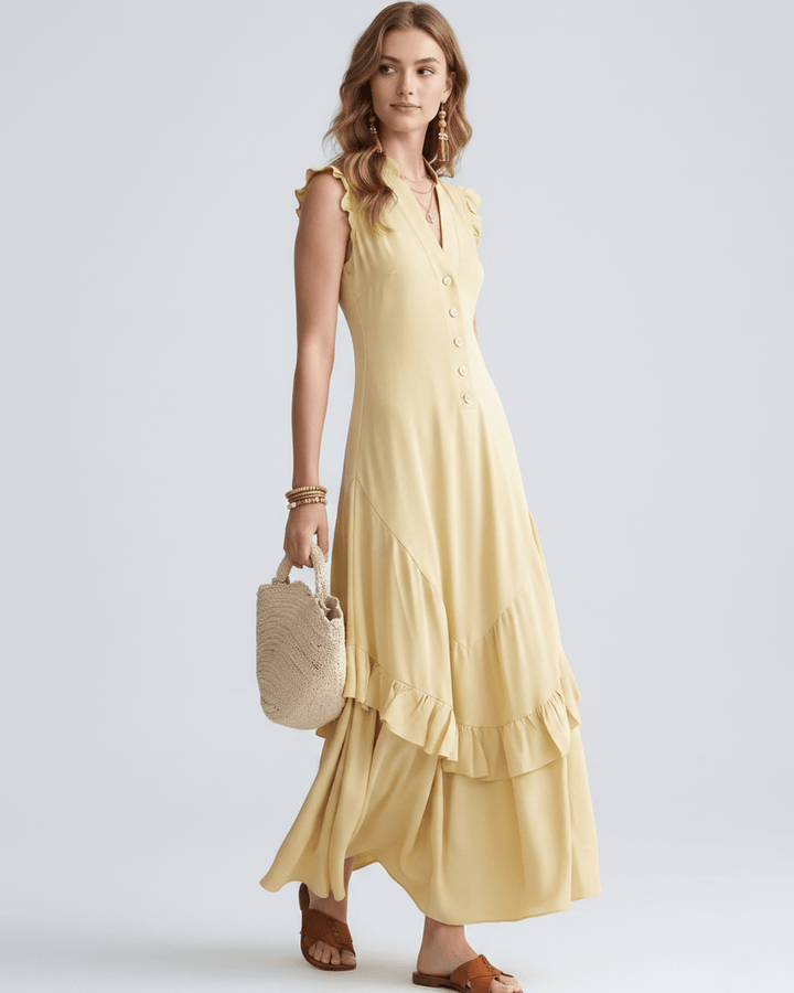 Vestido de fiesta sin mangas, maxi con escote en V y volantes. Elegante para mujeres.