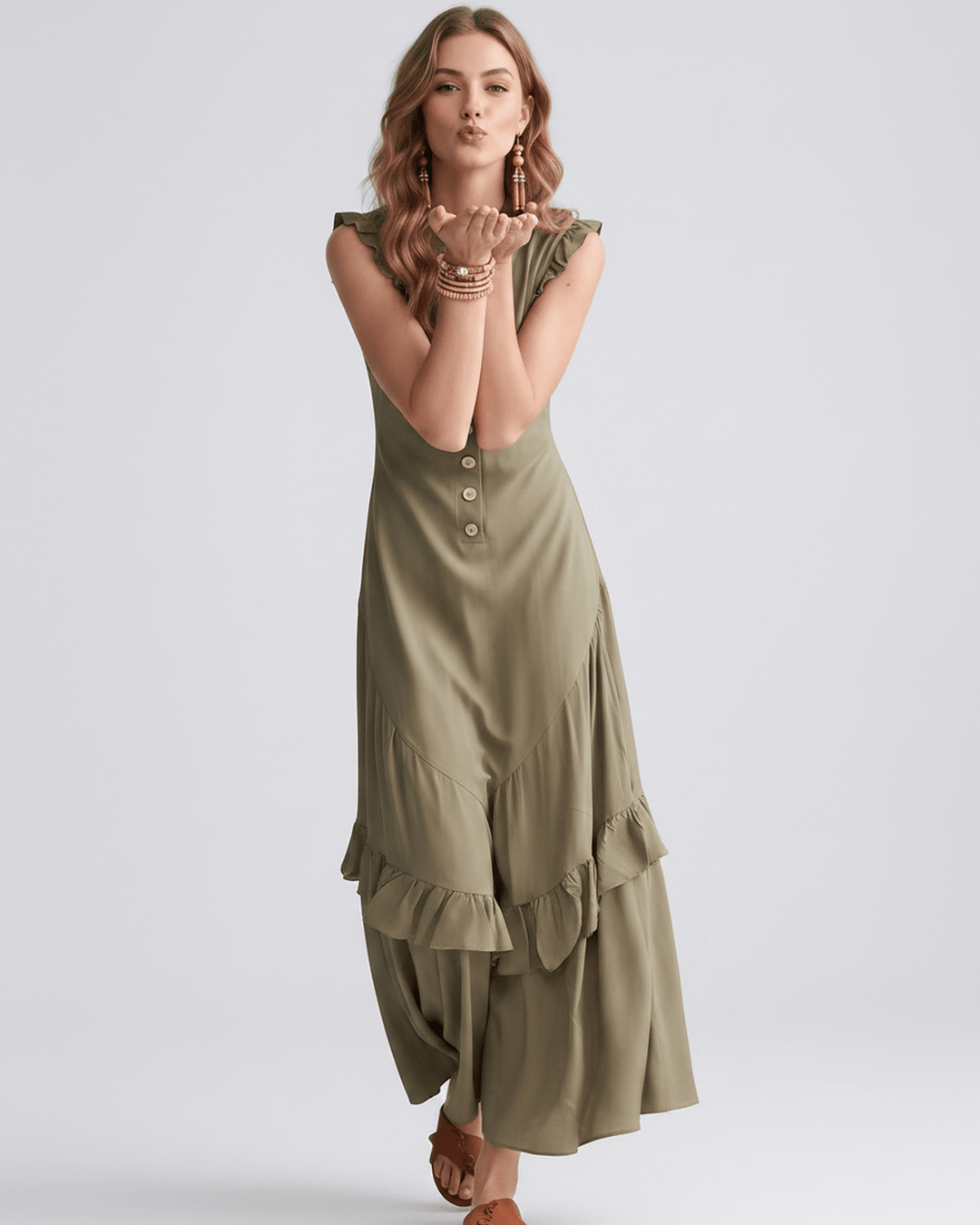 Vestido maxi sin mangas de mujer, con volantes y escote en V. Ropa elegante de verano.