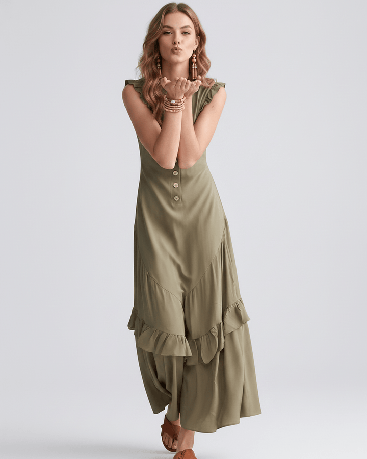 Vestido maxi sin mangas de mujer, con volantes y escote en V. Ropa elegante de verano.