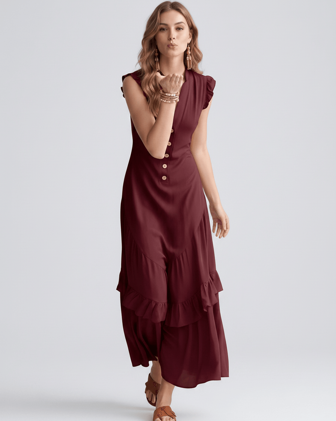 Vestido sin mangas con volantes, escote en V. Vestido maxi de verano para mujeres, muy fluido.