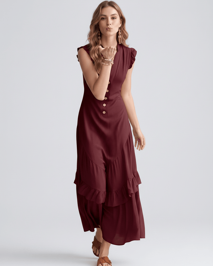Vestido sin mangas con volantes, escote en V. Vestido maxi de verano para mujeres, muy fluido.
