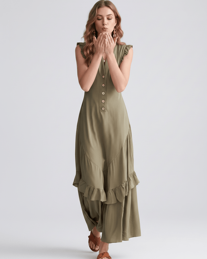 Vestido largo de mujer con escote en V, volantes fluidos. Estilo elegante, ideal para verano.