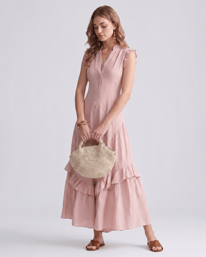 Vestido largo de verano para mujer, con escote en V y volantes fluidos. Perfecto para fiestas.
