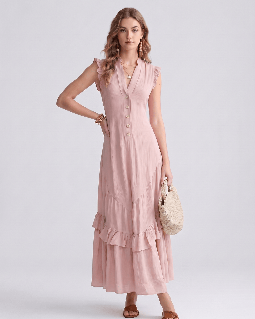 Vestido de mujer con escote en V y volantes fluidos. Vestido largo ideal para cualquier ocasión.