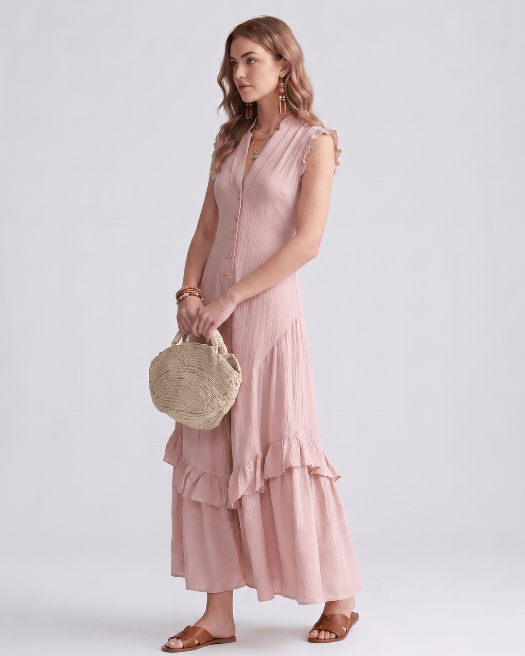 Moda de verano elegante: vestido maxi sin mangas con escote en V y volantes para mujer.