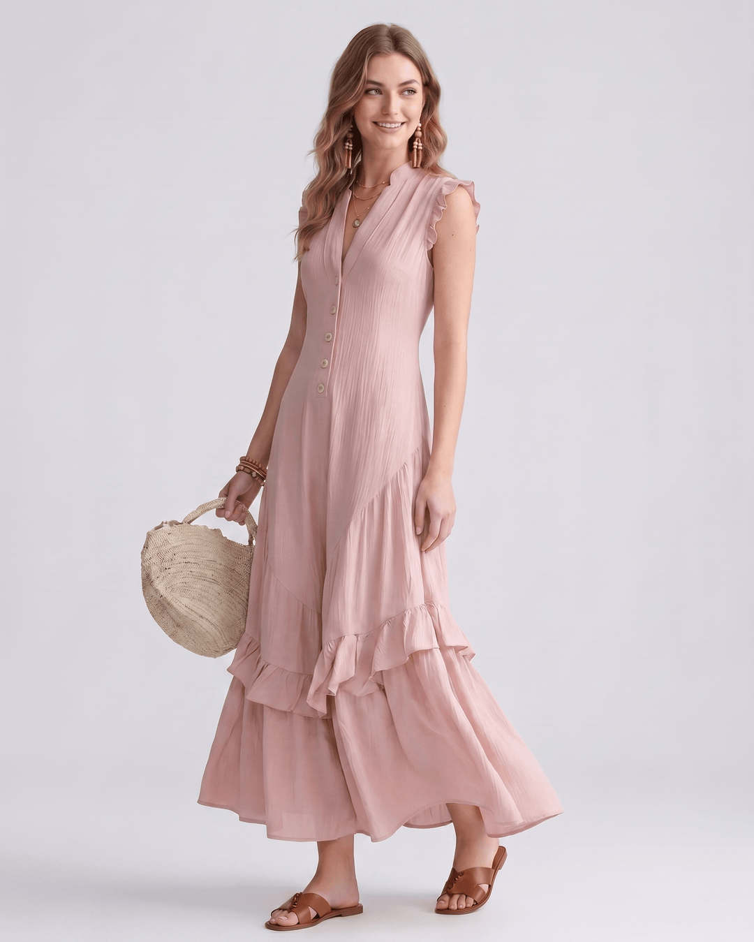 Vestido maxi elegante de volantes, escote en V. Moda de verano sin mangas para mujeres.