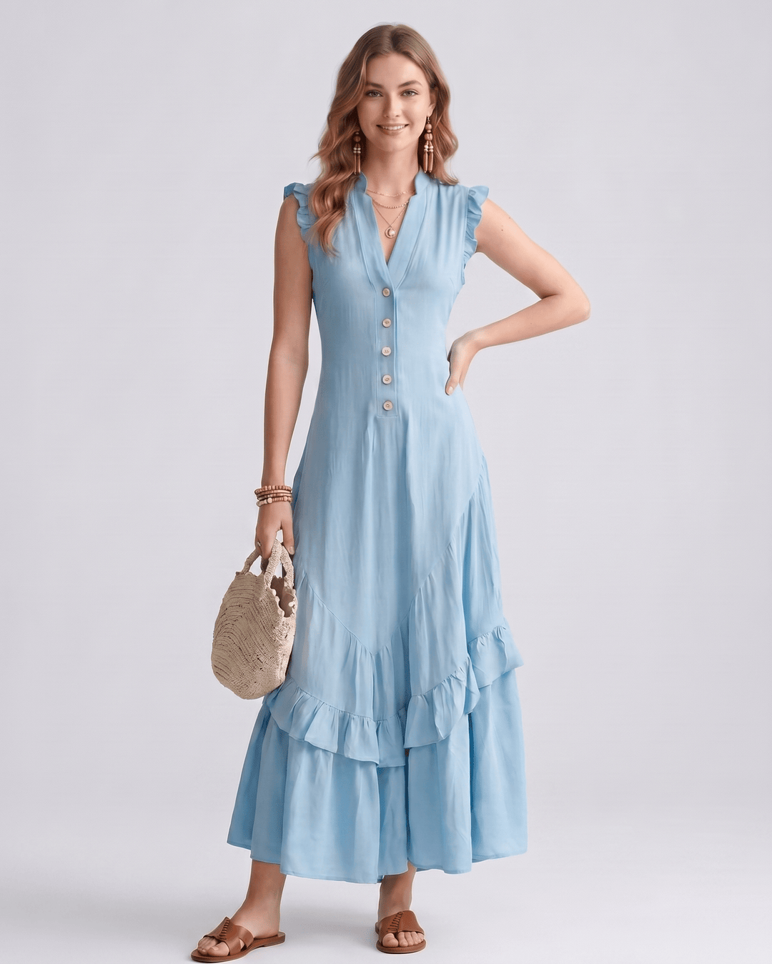 Vestido de volantes para mujer, estilo maxi con escote en V. Ropa de fiesta y casual.