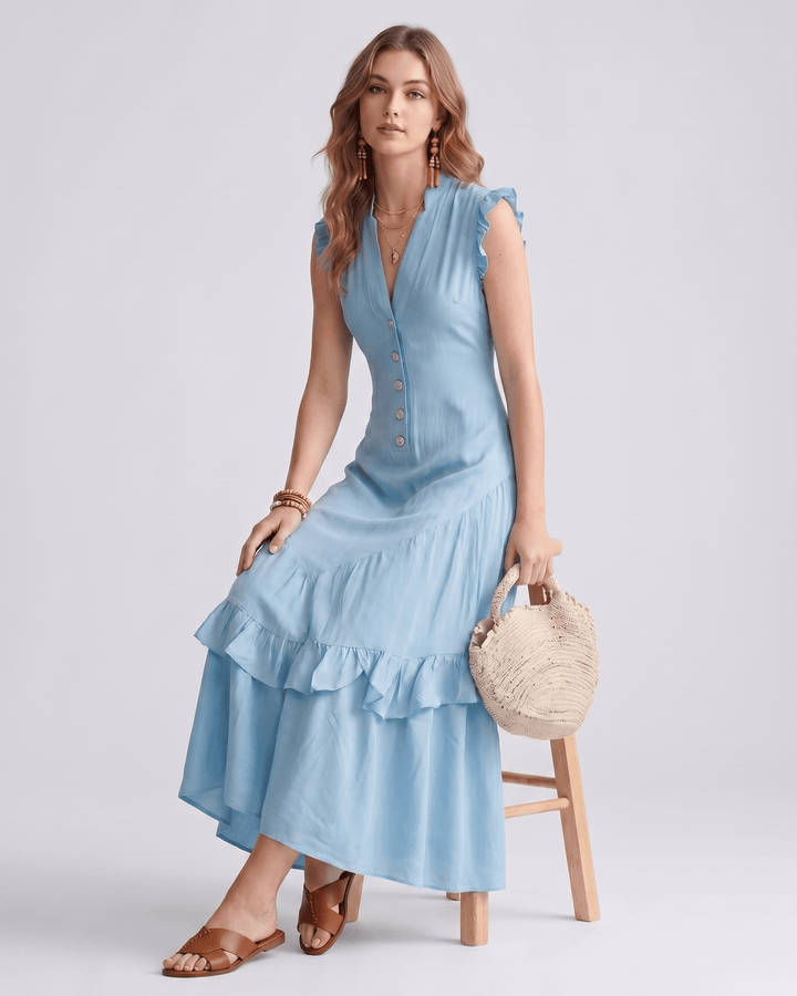 Vestido maxi de mujer sin mangas, escote en V y volantes. Estilo de día y fiesta, muy fluido.
