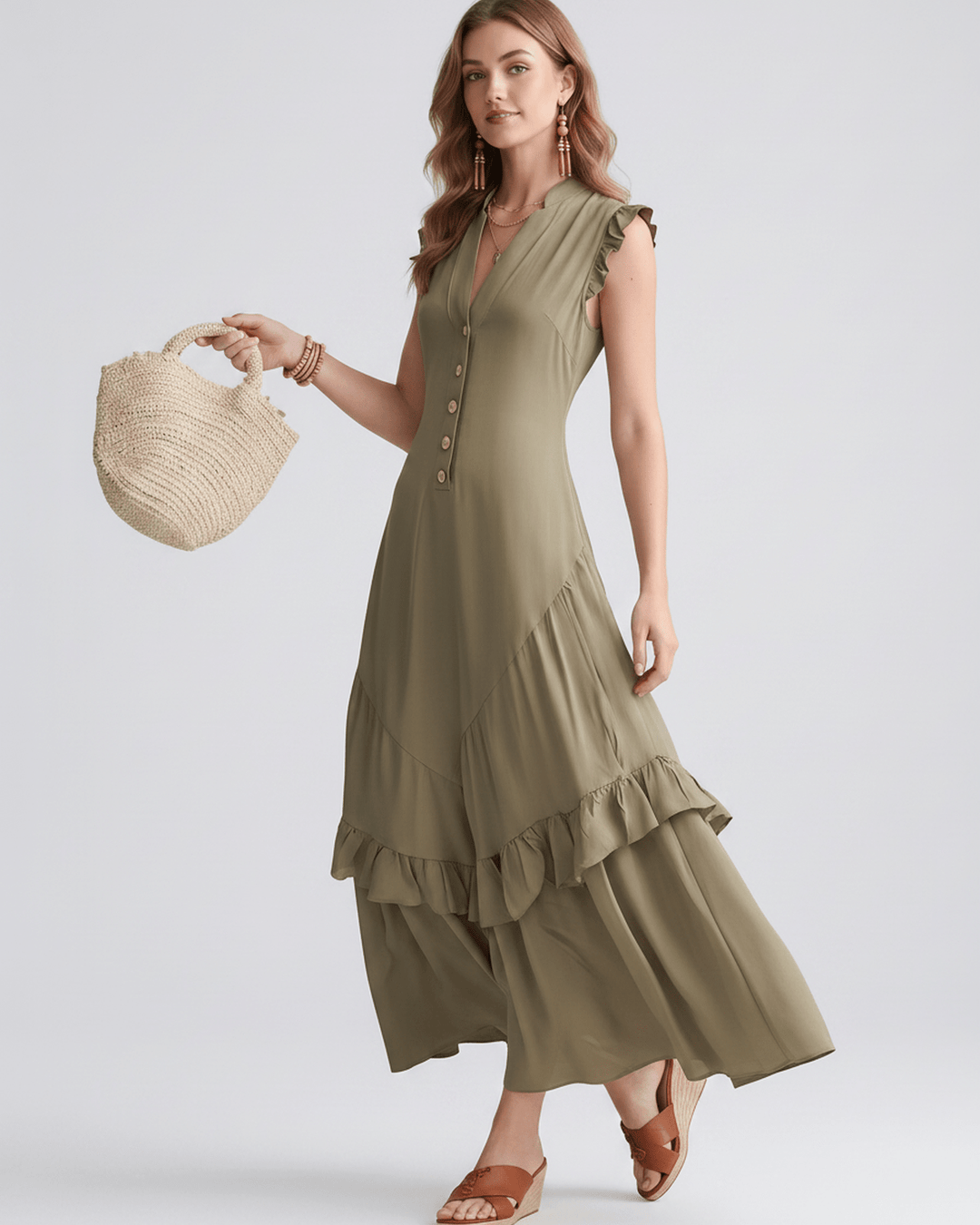 Vestido de volantes elegante, escote en V, maxi. Vestido de mujer para estilo de día, fluido.
