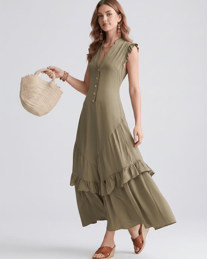 Vestido de volantes elegante, escote en V, maxi. Vestido de mujer para estilo de día, fluido.