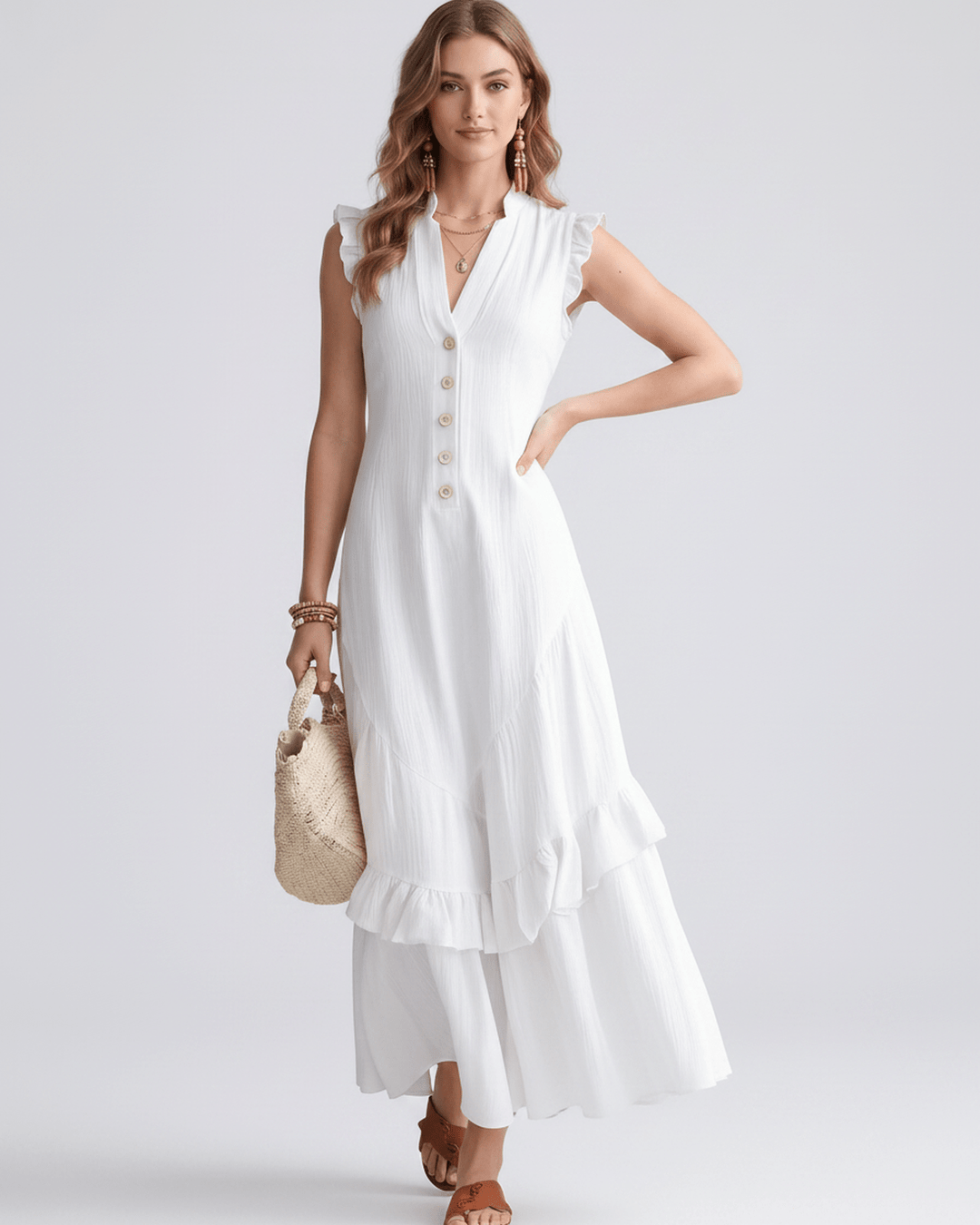 Vestido de mujer sin mangas, escote en V, volantes. Vestido largo, elegante, para fiesta o día.