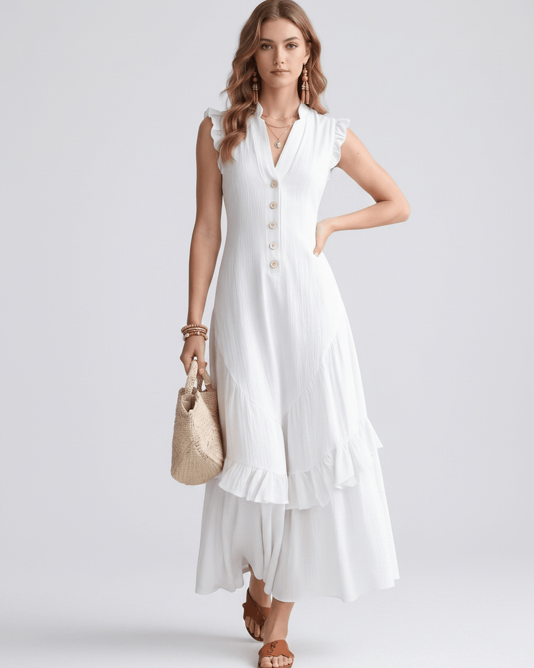Vestido maxi elegante con volantes fluidos, escote en V. Vestido de mujer para eventos de verano.